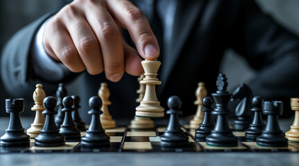 hand of businessman wearing suit moving chess figure in competition success play. strategy,teamwork, management or leadership concept
