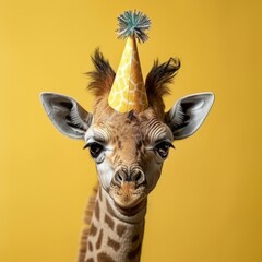 Obraz premium baby giraffe with birthday hat generative ai