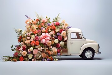 White retro truck car with trunk full of beautiful colorful different spring flowers. Moving to the right. Light blue background. Romantic flower delivery for Valentine day February 14