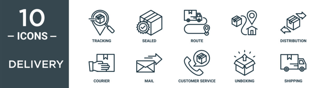 delivery outline icon set includes thin line tracking, sealed, route, , distribution, courier, mail icons for report, presentation, diagram, web design