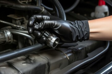 Obraz na płótnie Canvas Hand glove cleaning car. Professional worker repair complicate motor. Generate AI