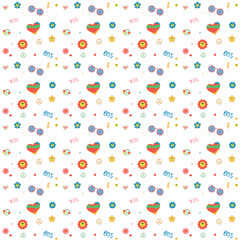 Web Children's wallpaper with hippie peace symbol  flower power poppies hearts 70's style.