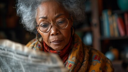 Senior african american woman reading a paper, representing bills and paperwork, worried look on...