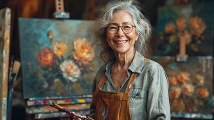 Senior lady artist enjoying painting activity in studio, generative ai - obrazy, fototapety, plakaty