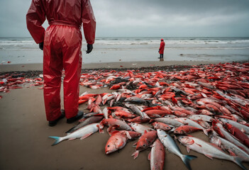 Des poissons morts sur une plage avec un homme en combinaison plastique rouge - generative AI