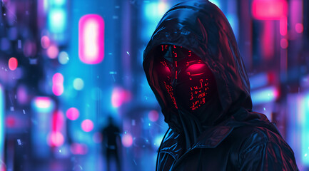 Hooded Figure with a  glowing glyph mask standing on the vibrant streets of a hi-tech world