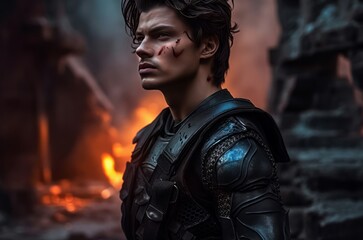 Fearless dark brown haired man fabled soldier. Brave medieval armor warrior in black clothing. Generate ai