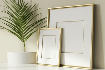 Modern home decor with golden frames of different sizes on a shelf and a green potted plant.