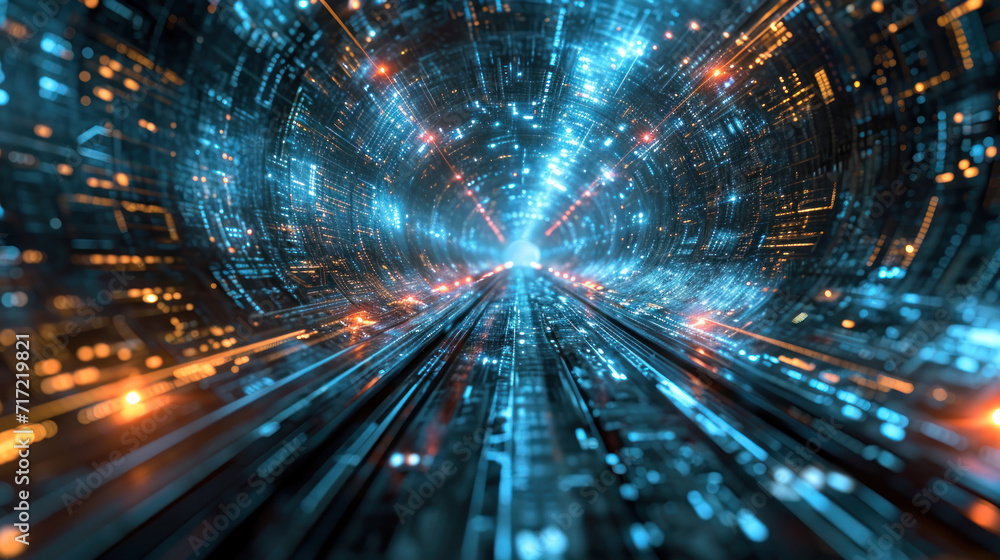 Wall mural digital virtual tunnel in cyberspace, perspective view of abstract futuristic corridor, cyber data a
