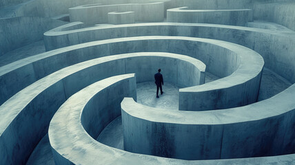 Man walks at endless concrete labyrinth alone, lost man searching for way out of surreal maze. Concept of problem, uncertainty, quest, business, illustration, obstacle, stress - obrazy, fototapety, plakaty