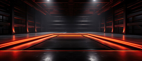 Dark futuristic garage background, warehouse or studio with led neon red lighting. Modern design of large empty room, abstract space interior. Concept of show, industry, building, stage