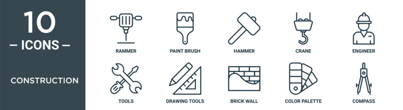construction outline icon set includes thin line rammer, paint brush, hammer, crane, engineer, tools, drawing tools icons for report, presentation, diagram, web design