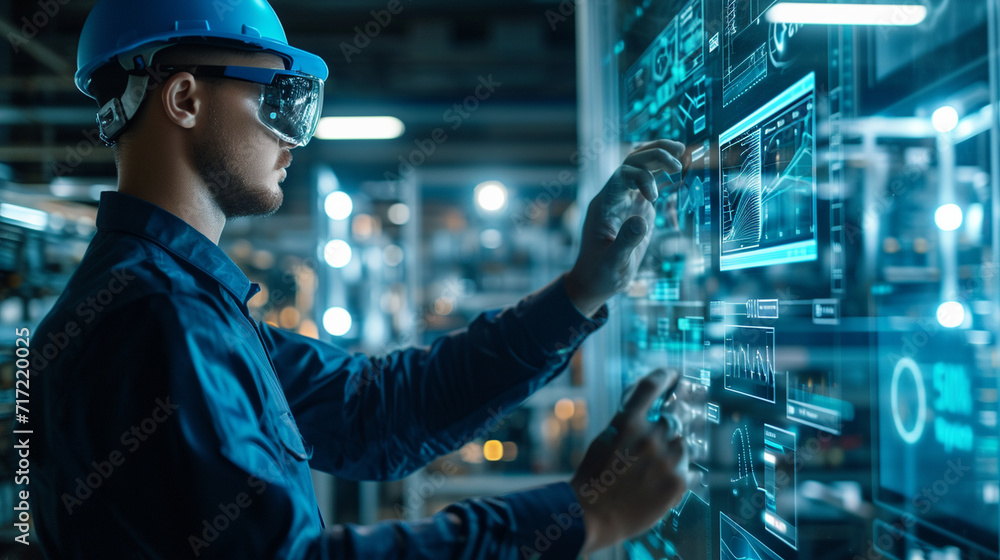 Poster a factory manager analyzing a 3d holographic model of production statistics, factory, dynamic and dr