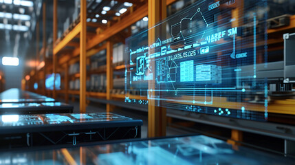 A hologram displaying real-time inventory levels in a warehouse section of a factory, factory, dynamic and dramatic compositions, with copy space