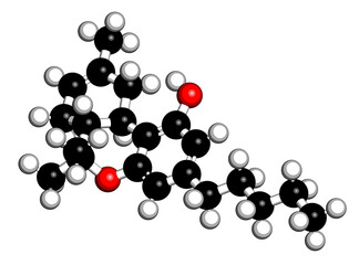 Delta-8-tetrahydrocannabinol (D8-THC) molecule. Isomer of Delta-9-THC. 3D rendering.