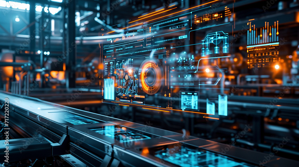 Poster a futuristic holographic dashboard showing the overall efficiency of a factory, factory, dynamic and
