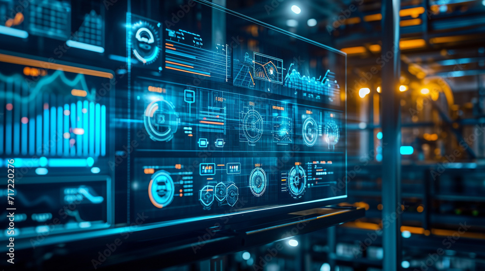 Poster a futuristic holographic dashboard showing the overall efficiency of a factory, factory, dynamic and