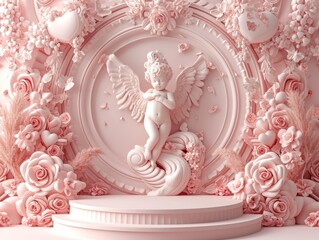 Pastel Pink Cupid and Roses on a 3D Podium - Perfect for Valentine's Day Showcase
