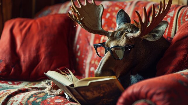 moose with glasses, reading a book generative ai