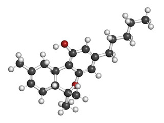Delta-8-tetrahydrocannabinol (D8-THC) molecule. Isomer of Delta-9-THC. 3D rendering.