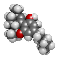 Delta-10-tetrahydrocannabinol (D10-THC) molecule. Isomer of Delta-9-THC. 3D rendering.