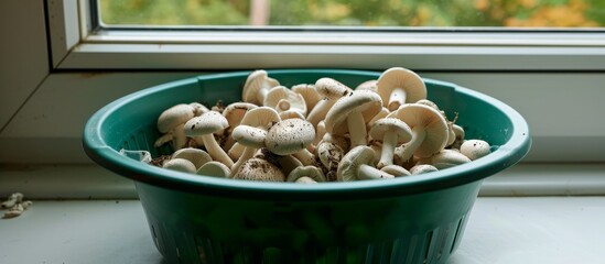 A plastic green basin by the window holds numerous mushrooms.