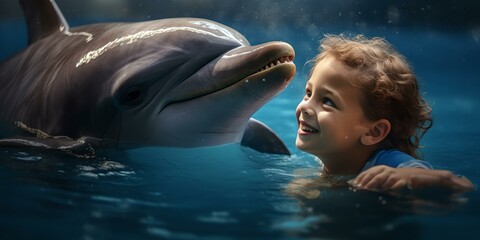 Joyful interaction between child and dolphin underwater. a meeting of two worlds. moments of wonder captured under the sea. AI