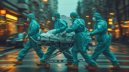 Team of Latin American doctors rushing a patient in a gurney at the hospital - emergency medicine concepts,generative ai