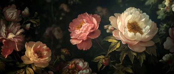 Antique wallpaper of colorful peonies. Rococo style and chiaroscuro lighting. Versailles style. Vibrant resource background.