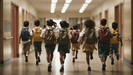 students running through school corridor