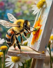 A realistic bee is painting flowers on canvas
