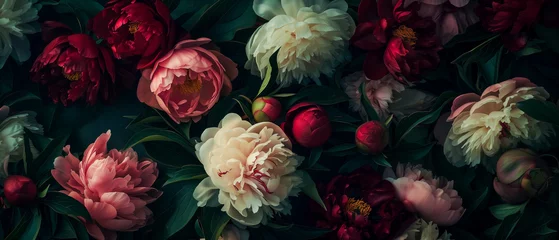 Deurstickers Antique wallpaper of colorful peonies. Rococo style and chiaroscuro lighting. Versailles style. Vibrant resource background. © Archlane