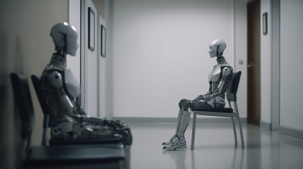 robots sitting waiting in a room for their job interview