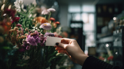 close up of hand holding card in bouquet of flowers