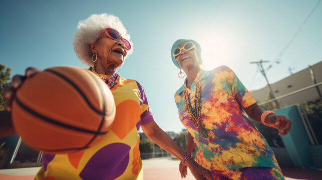 portrait of colorful senior women playing basketball with colorful maximalist style clothes and back light
