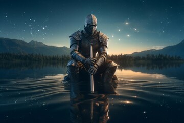 Knight kneeling leg resting. Iron and futuristic armored warrior with water waves. Generate AI - obrazy, fototapety, plakaty