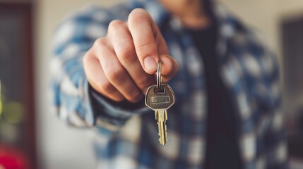 A young man holding the keys to his new house. Man happy with his own home with keys in hand. Concept of the keys to freedom. - obrazy, fototapety, plakaty