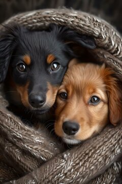 Two cute puppies wrapped in a cozy blanket, exuding warmth and friendship. pet lovers' delight. AI