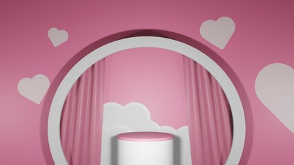 Valentines day background with Heart and cloud. White podium with pink on top. Pink heart with clouds and curtains. Valentines day celebration in February 14th. Empty podiums.