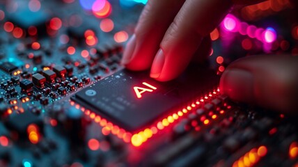 Microchip for Artificial Intelligence Training Acceleration. AI Letters on Colorful Computer Chip. generative ai