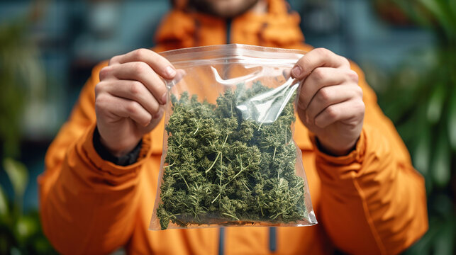 Police officer holding marijuana. Work process