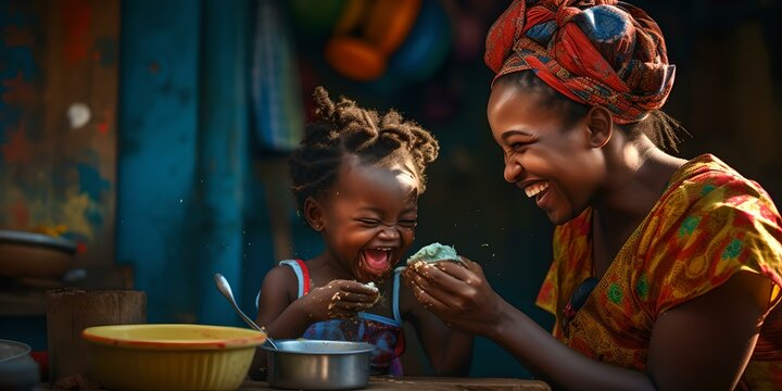 Mother And Child Sharing A Joyful Mealtime Moment Together. Warm Family Bonding Over Food. AI