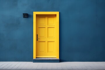 Yellow door on blue wall, Architectural background with copy space, Ai Generated