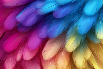 Rainbow Colorful fluffy Macaw Feathers Background, Feathers background, Colorful Feathers...