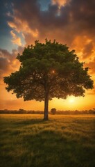 Fototapeta premium Wide angle shot of a single tree growing under a clouded sky during a sunset surrounded by grass