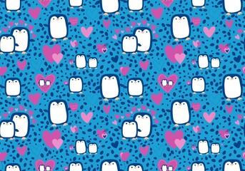 Valentines hearts seamless penguin and love pattern for wrapping paper and fabrics and linens and kids clothes