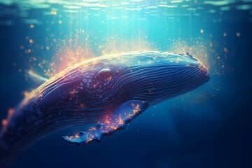 Magic whale sea. Massive aquatic animal with multicolored sparkles skin. Generate AI