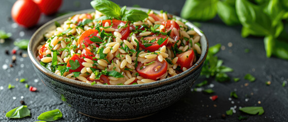 orzo salad with tomatoes and herbs on black table cover, in the style of texture-rich, whistlerian