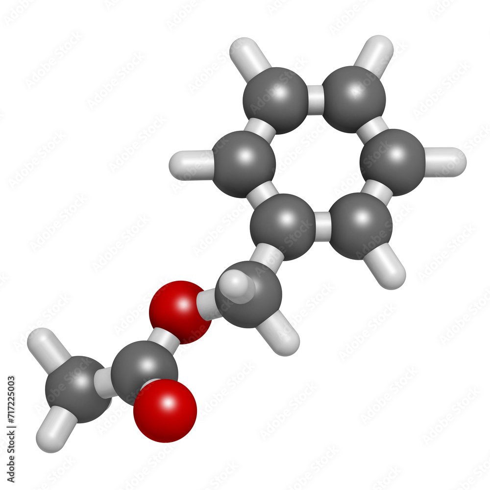 Sticker Benzyl acetate molecule. 3D rendering.