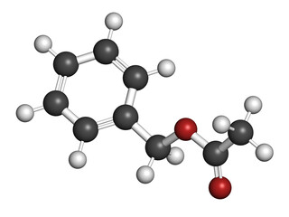 Benzyl acetate molecule. 3D rendering.
